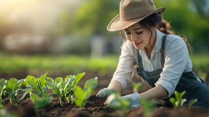 A woman wearing a hat and gloves tending plants in a garden. Suitable for materials about gardening, ecology and sustainable lifestyle.