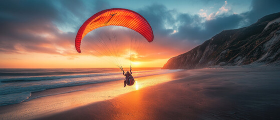 Man with parachute at sunset by the sea and rocks. Applicable for advertising extreme sports, travel agencies, motivational posters.