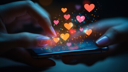 Abstract background with hands using a smartphone and flying hearts, useful for articles about social media and digital technology.