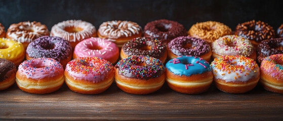 Bright colorful doughnuts with glaze and sprinkles on a wooden surface. Useful for advertising confectionery products, cafe menus, culinary blogs.