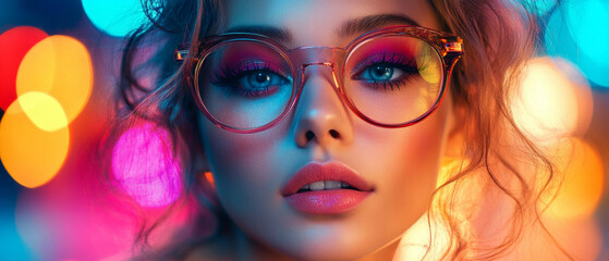 Close-up of a woman with bright makeup and big round glasses on the background of blurred colored lights. Used in advertising of cosmetics, fashion accessories, music videos.