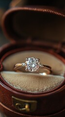 Brilliant diamond ring in a velvet box. Perfect for jewelry stores and engagement ring advertising.