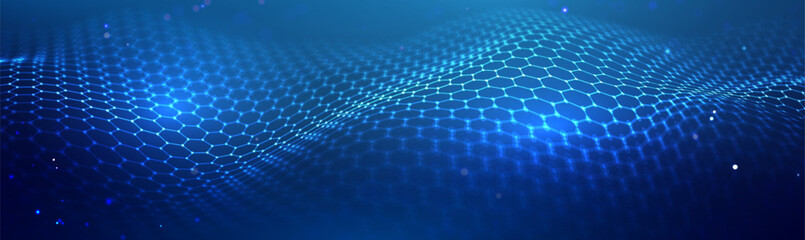 Hexagon medical tech background with honeycomb patterns and blue science motifs. Abstract 3D molecule textures for biotech research or nano network designs. Futuristic mesh grids or chemical shields.
