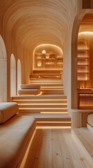 Cozy interior with wooden elements and soft lighting. Suitable for articles about interior design and home comfort.