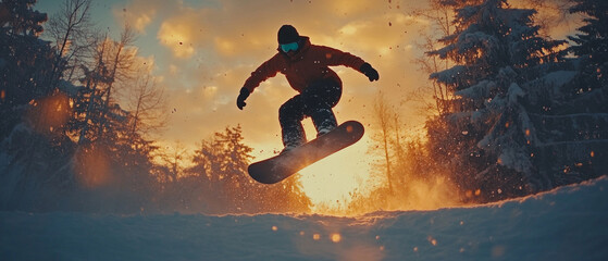 Snowboarder in a jump against the background of sunset in a snowy forest. Ideal for sports blogs, advertising winter equipment, articles about winter sports.