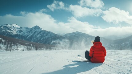 A man in a red jacket sits in the snow overlooking snow-capped mountains. Useful for articles about winter sports, traveling and outdoor recreation.