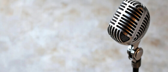 Close-up of a retro microphone on a blurred background, useful for articles about music and podcasts.