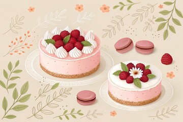 Illustration of raspberry cheesecakes with macarons on floral pastel color background