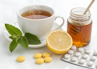 Healing ingredients including tea, honey, lemon, and vitamins for natural remedy on white background