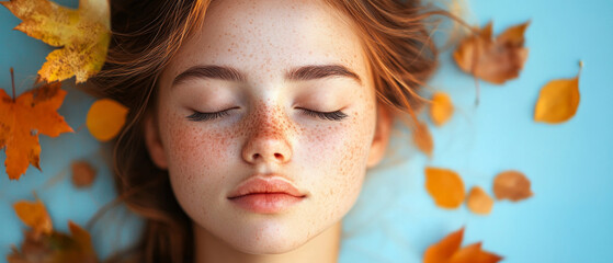 Beautiful girl with freckles and closed eyes on the background of autumn leaves. Suitable for advertising cosmetics and fall fashion.