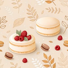 Pattern with macarons adorned with raspberries on artistic leafy patterned beige background perfect for culinary designs