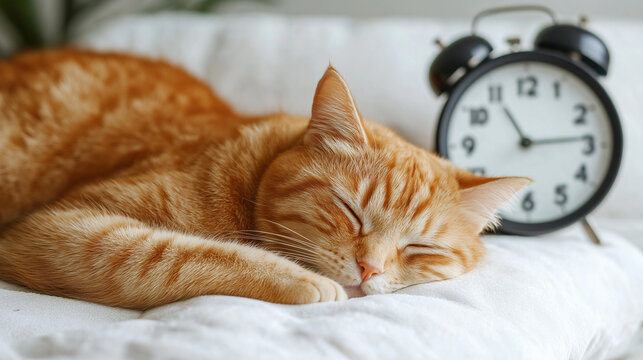 Sleeping orange cat beside black alarm clock on white surface - Powered by Adobe
