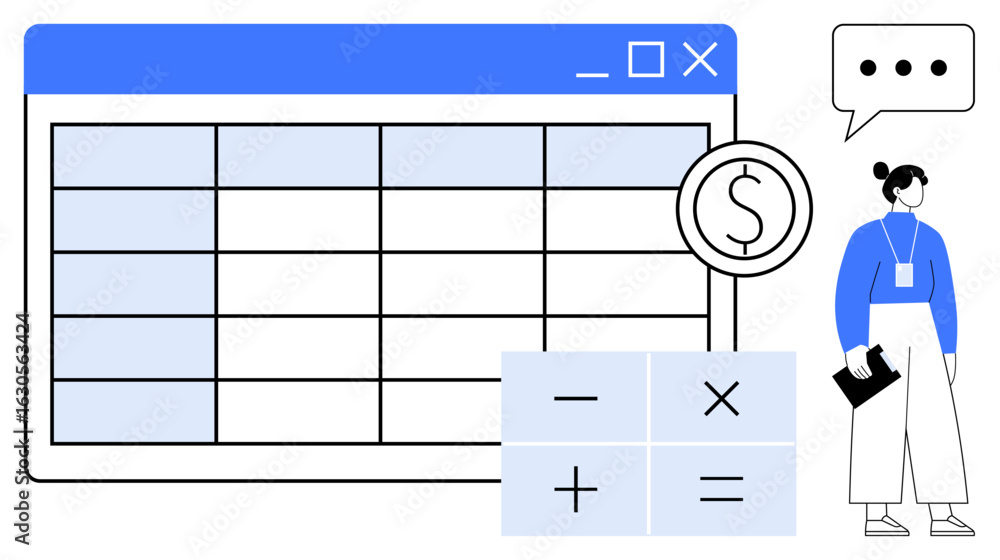 Poster spreadsheet interface with rows and columns, calculator elements, woman holding a document, and spee