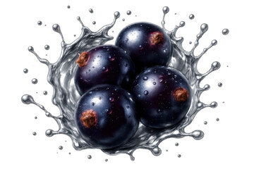 Blackcurrants splashing into metallic liquid, droplets glistening, showcasing fresh berries on transparent backdrop