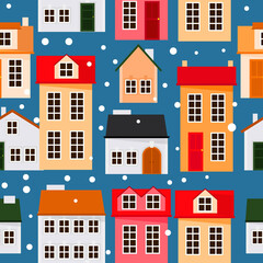 Seamless pattern of European Christmas houses with snow
