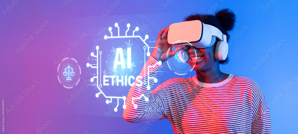 Poster this image captures the intersection of artificial intelligence and ethics within digital realms, hi