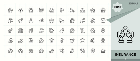 Insurance line icon set. Perfect for logos and infographic. It contains symbols to finance, health, protect, risk, life. Editable vector art and illustration. Policy line icon set.