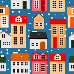 Seamless pattern of European Christmas houses with snow