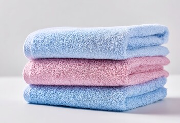 Stack of three folded towels, light blue and pink