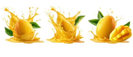 Set of fresh mango fruits with splashing juice on transparent background, cutout