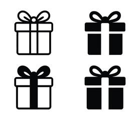  Set of Four Gift Box Icons — Minimalist Black Line and Solid Silhouettes with Ribbon Variations in 2x2 Grid for Festive and Commercial Use