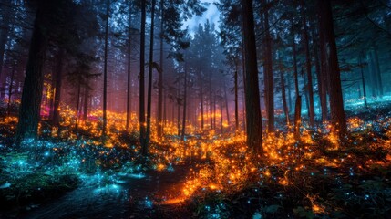 Fototapeta premium The forest is transformed by colorful lights glowing among tall trees, creating a magical atmosphere at twilight. A peaceful path leads into this captivating view.