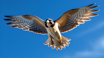Obraz premium A falcon in flight with wings spread wide soaring through the clear sky for dynamic wildlife visuals 