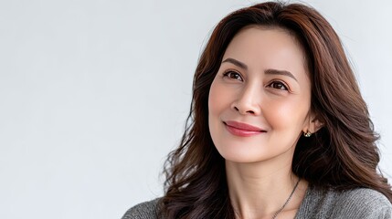 Naklejka premium Beautiful Korean woman with fresh skin and minimal makeup highlighted by soft shadows and natural lighting in a serene setting