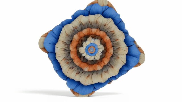 abstract blue and orange mandala pattern rapidly shifting and expanding outward in rounded square shape on white background