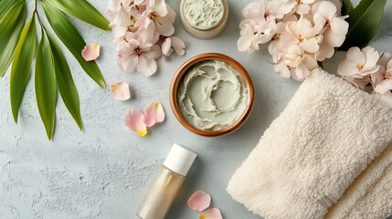 Herbal skincare products and candles for a relaxing spa