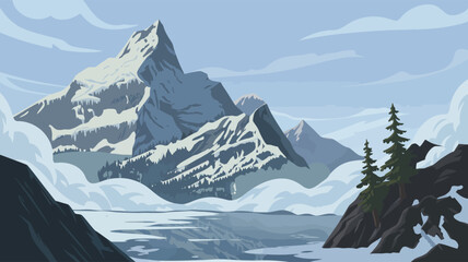 Snow-Capped Mountain Reflected in Misty Lake &mdash; Serene Landscape with Rocky Shore, Evergreen Trees, and Atmospheric Blue-Gray Color Palette 