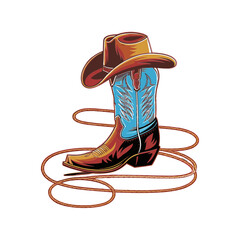 Vector Illustration Frame from rope lasso with cowboy boots and hat in color. Design element for sign, poster, card, banner