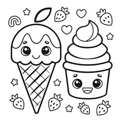 Cute Dessert Illustrations - Kawaii Cupcake, Ice Cream, and Cake Characters in Black and White