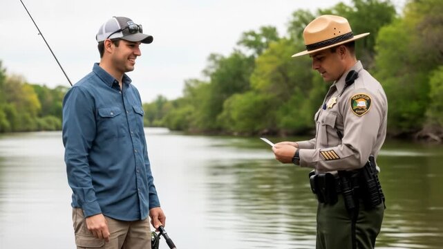 Park ranger spot check by river captures angler's license verification amid nature