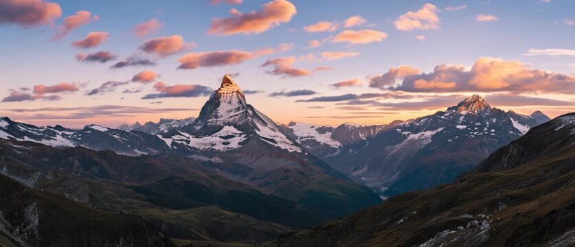 Sunset Illumination, Alpine Peaks, Swiss Alps, Panorama Photo, Mountain Wilderness, Wide-Angle View, Tranquil Majesty