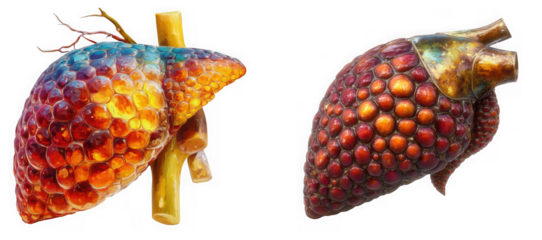 Illustration of the human liver showing its anatomical structure and biological functions in the body isolated on transparent background