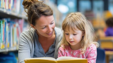 A mother and her young daughter share a joyful moment reading a book together in a vibrant library filled with colorful shelves. They are engaged and smiling.