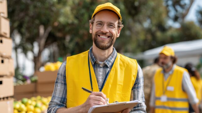 A cheerful man wearing a yellow vest and cap stands at a farmers market, holding a clipboard and taking notes on produce. Others are busy in the background, enjoying the vibrant atmosphere.