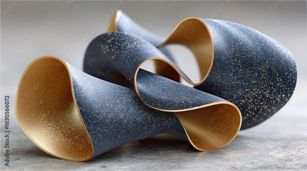 Poster sculpture features an abstract design representing wind and fire, shimmering with gold particles on 