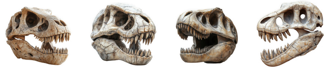 Naklejka premium Four dinosaur skulls of different species showcasing prehistoric fossils and ancient skeletons on a white backdrop isolated on transparent background