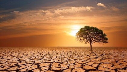 dry cracked earth under a harsh sun with a solitary tree in view concept of heatwave survival