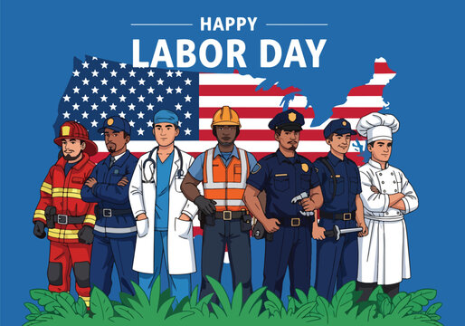 Adobe Illustrator Artwork of honoring the American workforce this USA Labor Day. A diverse group of essential workers stand united before a patriotic American flag map, symbolizing national pride - Powered by Adobe