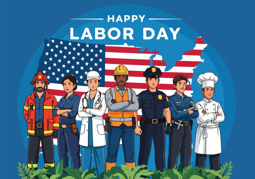 Adobe Illustrator Artwork of honoring the American workforce this USA Labor Day. A diverse group of essential workers stand united before a patriotic American flag map, symbolizing national pride - Powered by Adobe