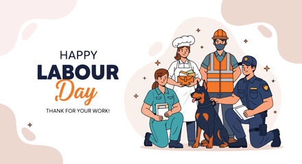 Adobe Illustrator Artwork wallpaper banner of Celebrating USA Labor Day: Diverse essential workers like firefighter, doctor, construction worker, police officer & K9 team. Thank you for your work