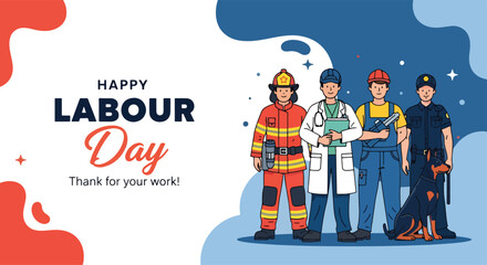 Adobe Illustrator Artwork wallpaper banner of Celebrating USA Labor Day: Diverse essential workers like firefighter, doctor, construction worker, police officer & K9 team. Thank you for your work