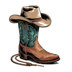 Vector Illustration Frame from rope lasso with cowboy boots and hat in color. Design element for sign, poster, card, banner