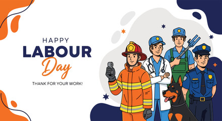 Adobe Illustrator Artwork wallpaper banner of Celebrating USA Labor Day: Diverse essential workers like firefighter, doctor, construction worker, police officer & K9 team. Thank you for your work