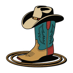 Vector Illustration Frame from rope lasso with cowboy boots and hat in color. Design element for sign, poster, card, banner