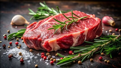 Succulent raw beef steak seasoned with fresh rosemary, peppercorns, and coarse salt, ready for grilling perfection