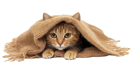 Studio photo of a cute cat hiding under a soft blanket on the floor, isolated against a white background  png